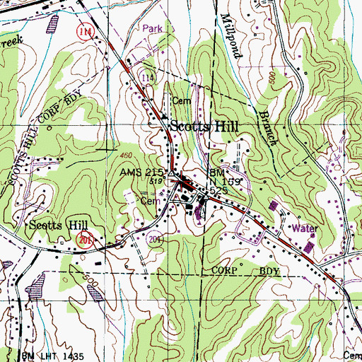 Topographic Map of Scotts Hill, TN