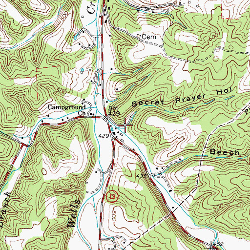 Topographic Map of Secret Prayer Hollow, TN