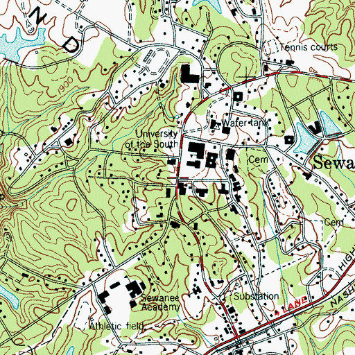 Topographic Map of Sewanee, TN
