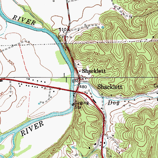 Topographic Map of Shacklett, TN