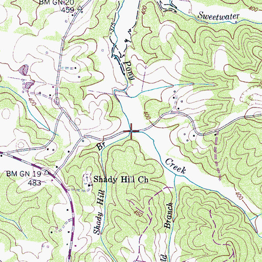 Topographic Map of Shady Hill Branch, TN