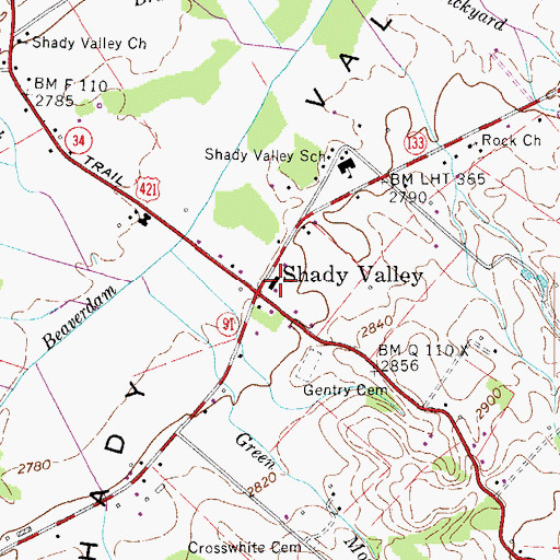 Topographic Map of Shady Valley, TN