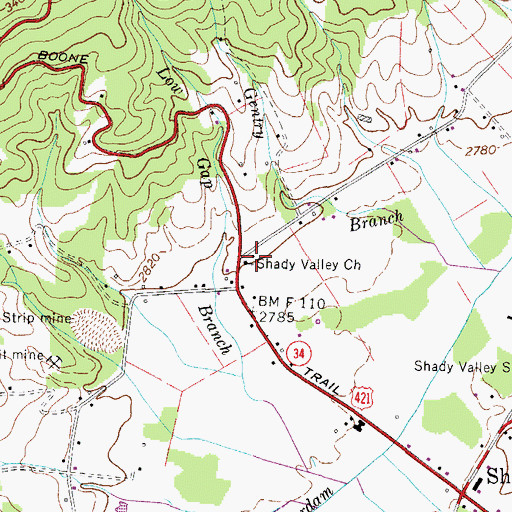 Topographic Map of Shady Valley Church, TN
