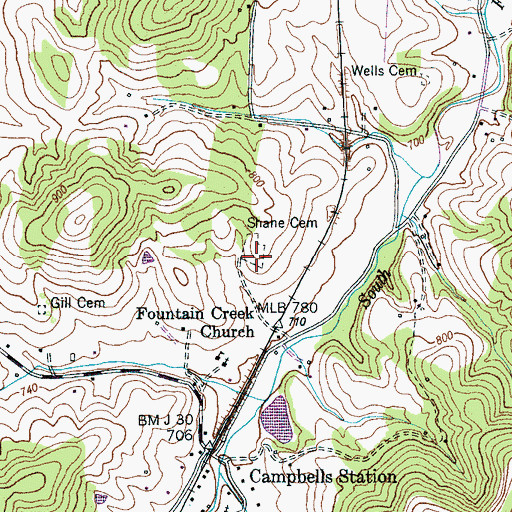Topographic Map of Shane Cemetery, TN