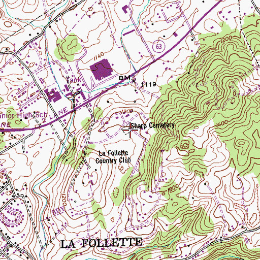 Topographic Map of Sharp Cemetery, TN