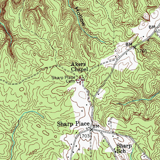 Topographic Map of Sharp Place Cemetery, TN