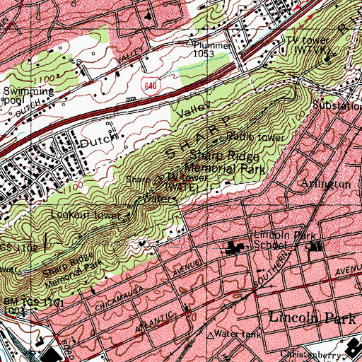 Topographic Map of Sharp Ridge Memorial Park, TN