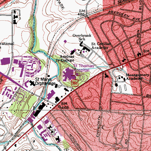 Topographic Map of Saint Thomas Hospital Airport, TN