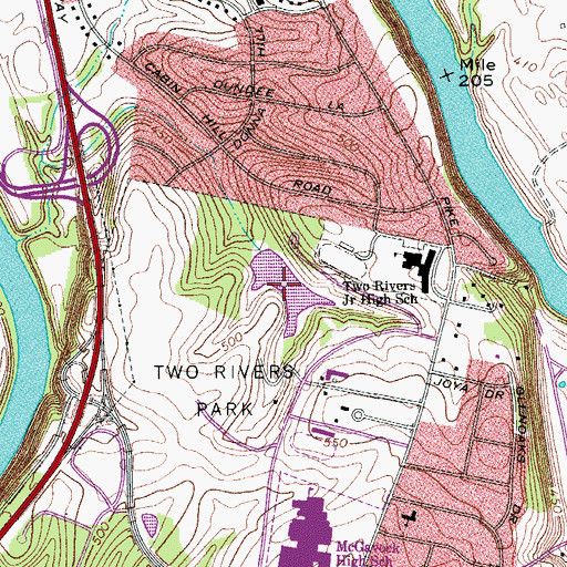 Topographic Map of Two Rivers Lake, TN