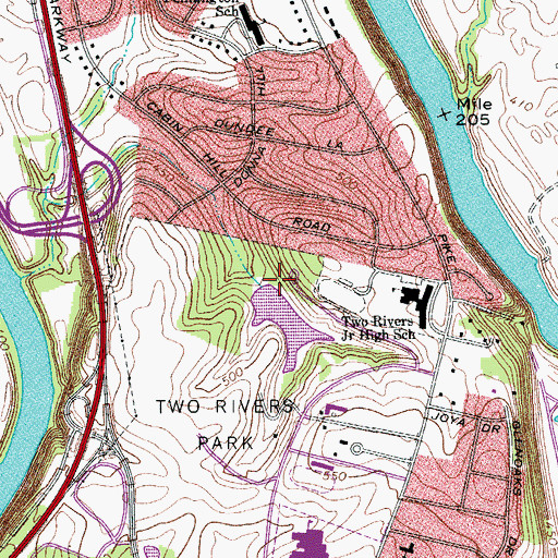 Topographic Map of Two Rivers Lake Dam, TN