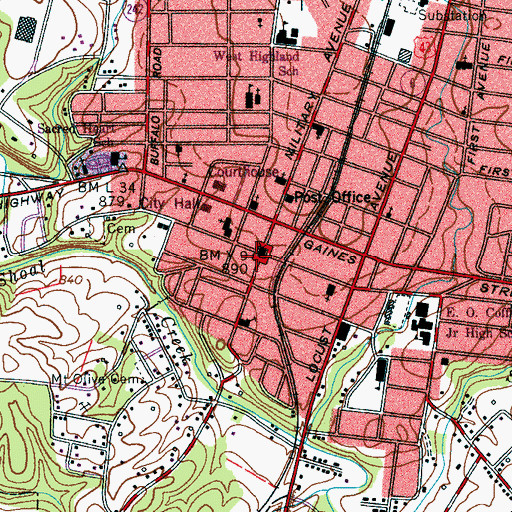 Topographic Map of Lawrence County Courthouse, TN
