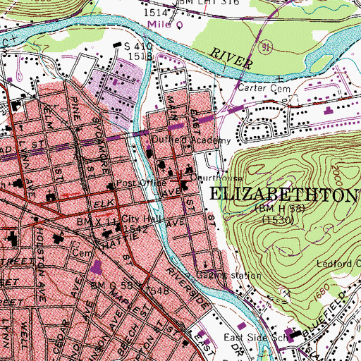 Topographic Map of Carter County Courthouse, TN