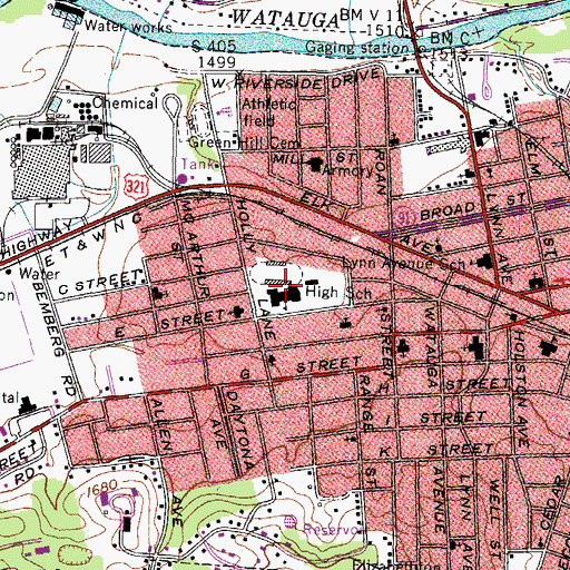 Topographic Map of T A Dugger Junior High School, TN