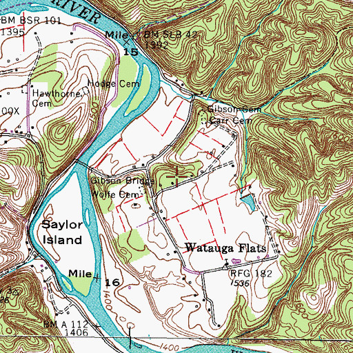Topographic Map of Watauga Flats School (historical), TN