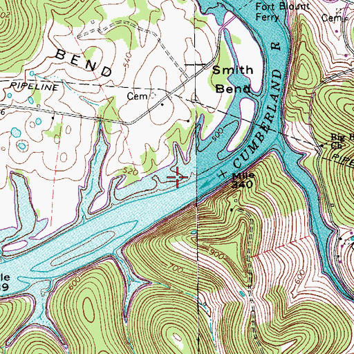 Topographic Map of Cordell Hull Reservoir, TN