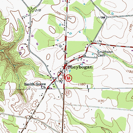 Topographic Map of Sheybogan, TN