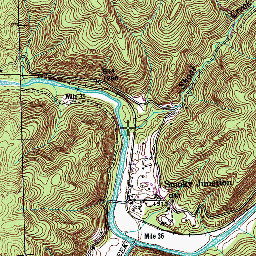 Topographic Map of Shoal Creek, TN