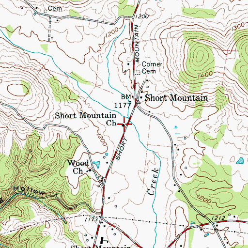 Topographic Map of Short Mountain Church, TN