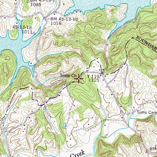 Topographic Map of Sims Church, TN