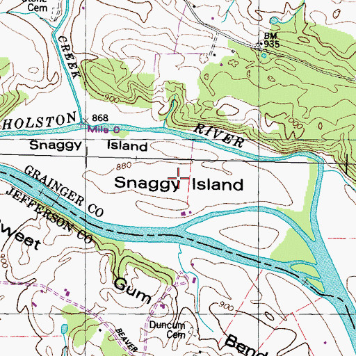 Topographic Map of Snaggy Island, TN