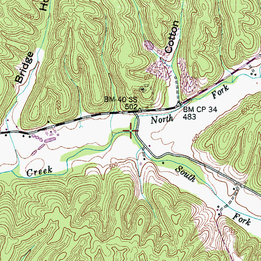 Topographic Map of South Fork Toms Creek, TN