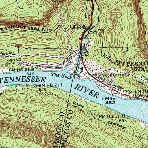 Topographic Map of Suck Creek, TN