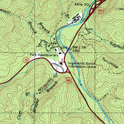 Topographic Map of Sugarlands Visitor Center, TN