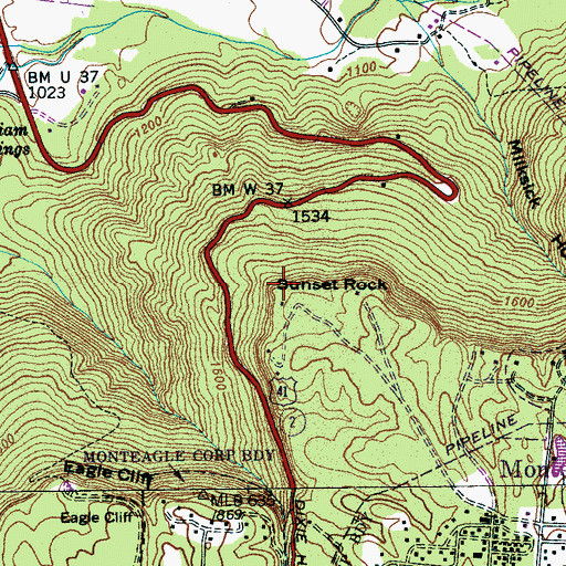 Topographic Map of Sunset Rock, TN