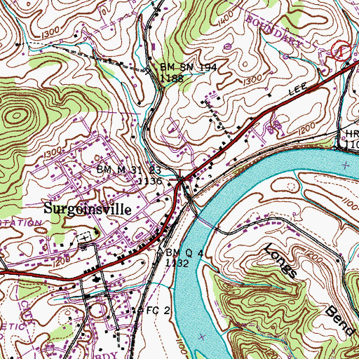Topographic Map of Surgoinsville, TN