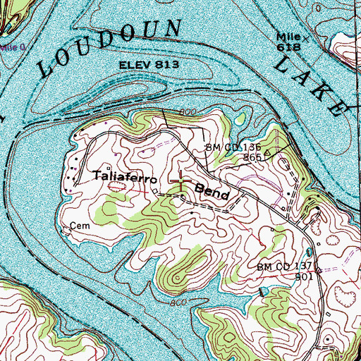 Topographic Map of Taliaferro Bend, TN