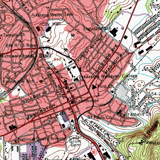 Topographic Map of Tennessee Wesleyan College, TN