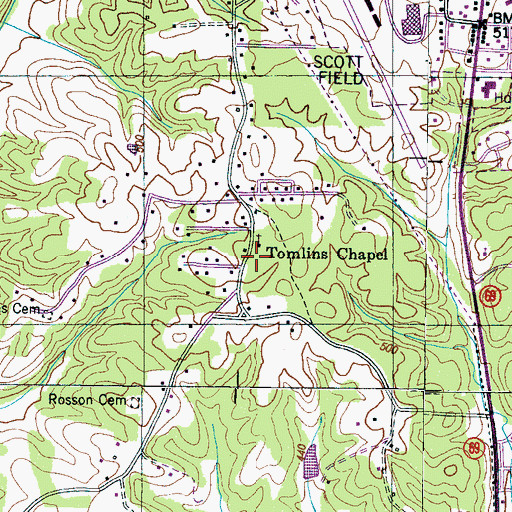 Topographic Map of Tomlins Chapel Baptist Church, TN