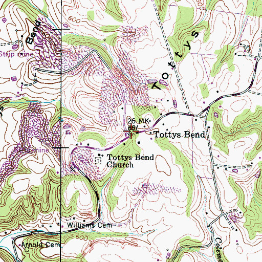 Topographic Map of Tottys Bend, TN