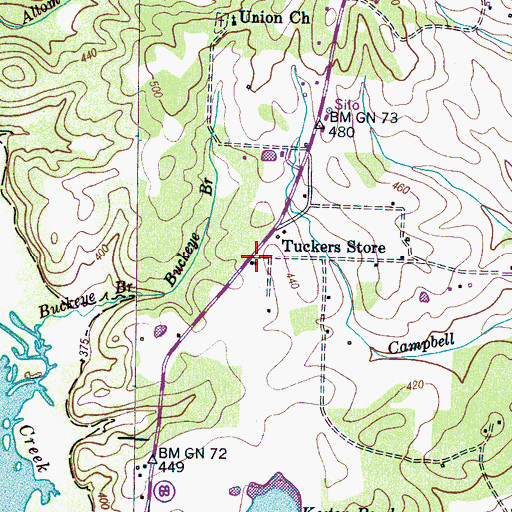 Topographic Map of Tuckers Store, TN