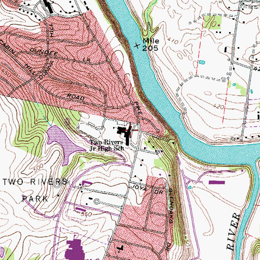 Topographic Map of Two Rivers High School, TN