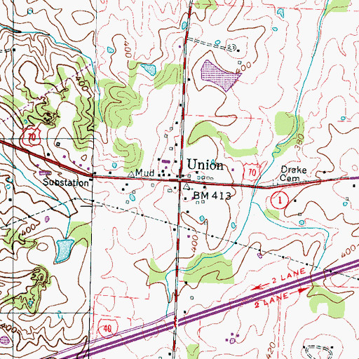Topographic Map of Union, TN