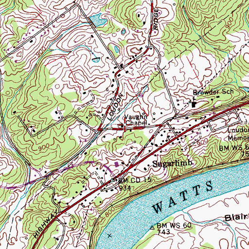 Topographic Map of Vaughn Chapel, TN
