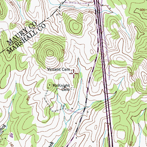 Topographic Map of Vincent Cemetery, TN