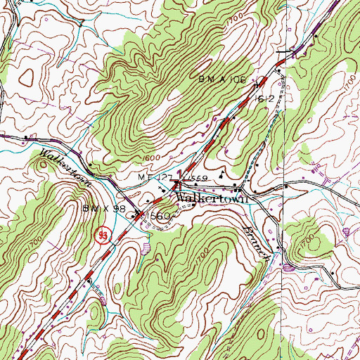 Topographic Map of Walkertown, TN