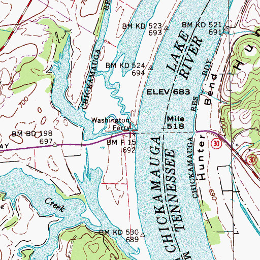 Topographic Map of Washington Ferry, TN
