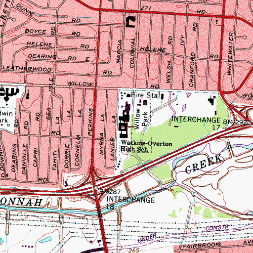 Topographic Map of Watkins-Overton High School, TN