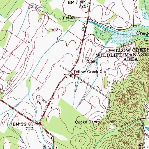 Topographic Map of Yellow Creek Church, TN