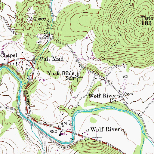 Topographic Map of York Bible School, TN
