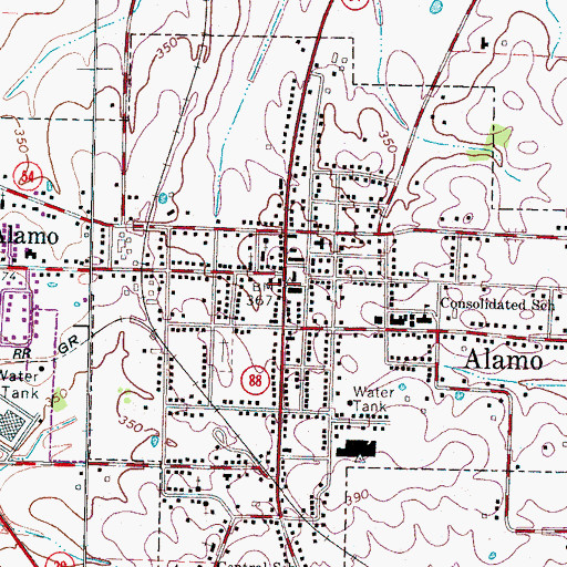 Topographic Map of Alamo, TN