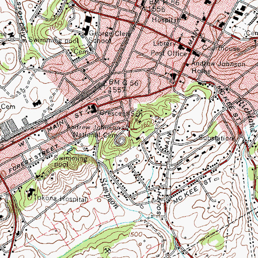 Topographic Map of Andrew Johnson National Historic Site, TN