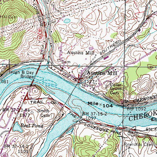 Topographic Map of Austins Mill, TN