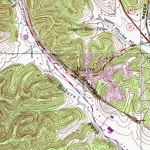 Topographic Map of Bakers, TN