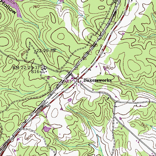 Topographic Map of Bakersworks, TN