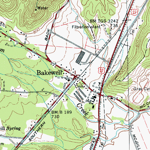 Topographic Map of Bakewell, TN