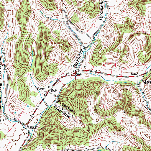 Topographic Map of Barbers Branch, TN